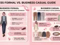 Guía de ropa business casual y formal. Muestra ejemplos de atuendos, calzado y accesorios para cada estilo.