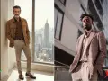 Hombre con un impecable atuendo smart casual, chaqueta color camel, polo marrón y pantalones beige.