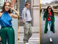 Tres mujeres lucen estilos urbanos. Una lleva un top azul y pantalones verdes, otra un conjunto gris y cargo, y la tercera un abrigo verde con rojo. Muestran cómo los colores que combinan con el verde son versátiles.