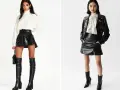 Dos modelos lucen un conjunto de camisa y falda corta de cuero negro. Una lleva un jersey blanco de cuello alto y botas altas. La otra, una chaqueta de cuero y botines.