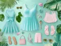 Vestidos turquesa, blusa rosa, sandalias y accesorios que evocan los colores de verano.