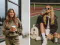 Mujer con conjunto deportivo color oliva y café. Otra mujer con estilo sporty en cancha de tenis, bebiendo agua.