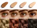 Muestras de bases de maquillaje, ojos y cabello en una paleta de colores cálidos de otoño.