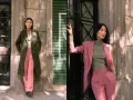 Mujer posa con un traje rosa y un abrigo verde. Inspírate para combinar traje verde mujer con estilo.