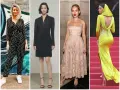 Cuatro mujeres muestran diferentes estilos de dress code mujer: jumpsuit de lunares, vestido negro tipo blazer, vestido de encaje rosa y vestido amarillo con escote en la espalda.