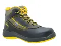 Bota de seguridad negra y amarilla, ideal para aliviar dolor de pies por botas de seguridad. Confort y protección garantizados.