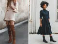 Dos mujeres lucen elegantes vestidos con botines y medias. Una con un vestido tejido y botas altas de gamuza, la otra con un vestido camisero y botines negros.