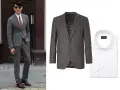 Hombre con traje gris a cuadros y camisa blanca. Ideas de traje gris mujer combinaciones elegantes.