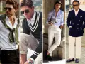 Cuatro hombres con estilo "old money": camisas, suéteres, pantalones de lino y blazers, todos con un aire de elegancia atemporal.