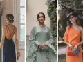 Tres mujeres con vestidos elegantes, perfectos para un código vestimenta boda. Azul, verde menta y naranja vibrante.