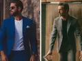 Dos hombres con estilo, uno con camisa y blazer azul, el otro con camisa y blazer gris.