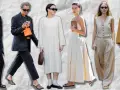 Seis mujeres lucen elegantes outfits para el primer día de trabajo: trajes sastre, vestidos y pantalones anchos en tonos neutros.