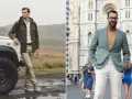Dos hombres lucen elegantes. Uno, junto a un todoterreno, lleva una chaqueta verde y pantalones beige. El otro, en la ciudad, combina un traje verde con pantalones claros.