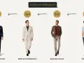 Cuatro hombres muestran niveles de formalidad en la vestimenta, desde traje completo hasta polo y chinos, ideal para un estilo business informal.