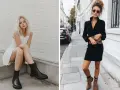 Dos mujeres lucen estilos diferentes de vestidos con botas. Una lleva un vestido blanco corto y botas negras gruesas, la otra un vestido negro elegante y botines marrones.