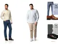 Dos hombres modelan atuendos bussines casual: uno con camisa lino y jeans, otro con camisa a rayas y chinos.