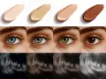Muestras de bases de maquillaje, ojos de distintos colores y cabellos en tonos oscuros y grises, evocando una paleta de colores de invierno.