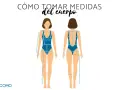 Ilustración de cómo tomar medidas del cuerpo, mostrando un frente y una vista trasera de una figura femenina con líneas que indican dónde medir.