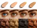 Muestras de bases de maquillaje, ojos de distintos colores y cabellos. Ideal para la **colorimetria primavera**.