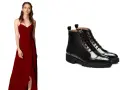Mujer con vestido largo rojo y botines negros de cordones. Un look audaz para cualquier ocasión.