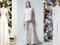 Tres novias con pantalón blanco, una con encaje y gafas de sol, otra con un diseño asimétrico y la tercera con cuello alto y fondo floral.