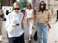 Mujeres con estilo, ideas de como vestir en otoño: gabardina, blusa blanca, vestido de punto y bomber.