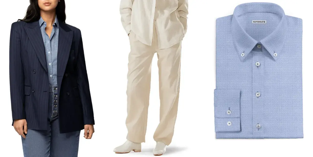 Traje a rayas azul marino, conjunto beige y camisa azul claro. La moda andrógina significa libertad de expresión.