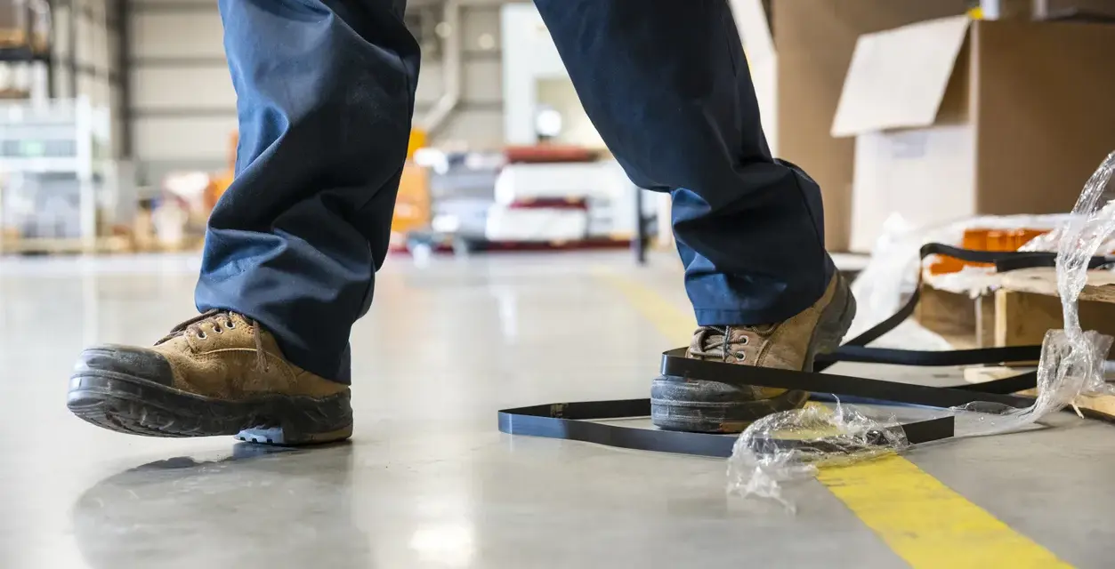 Un trabajador con una puntera composite pisa una cinta de embalaje en un almacén.