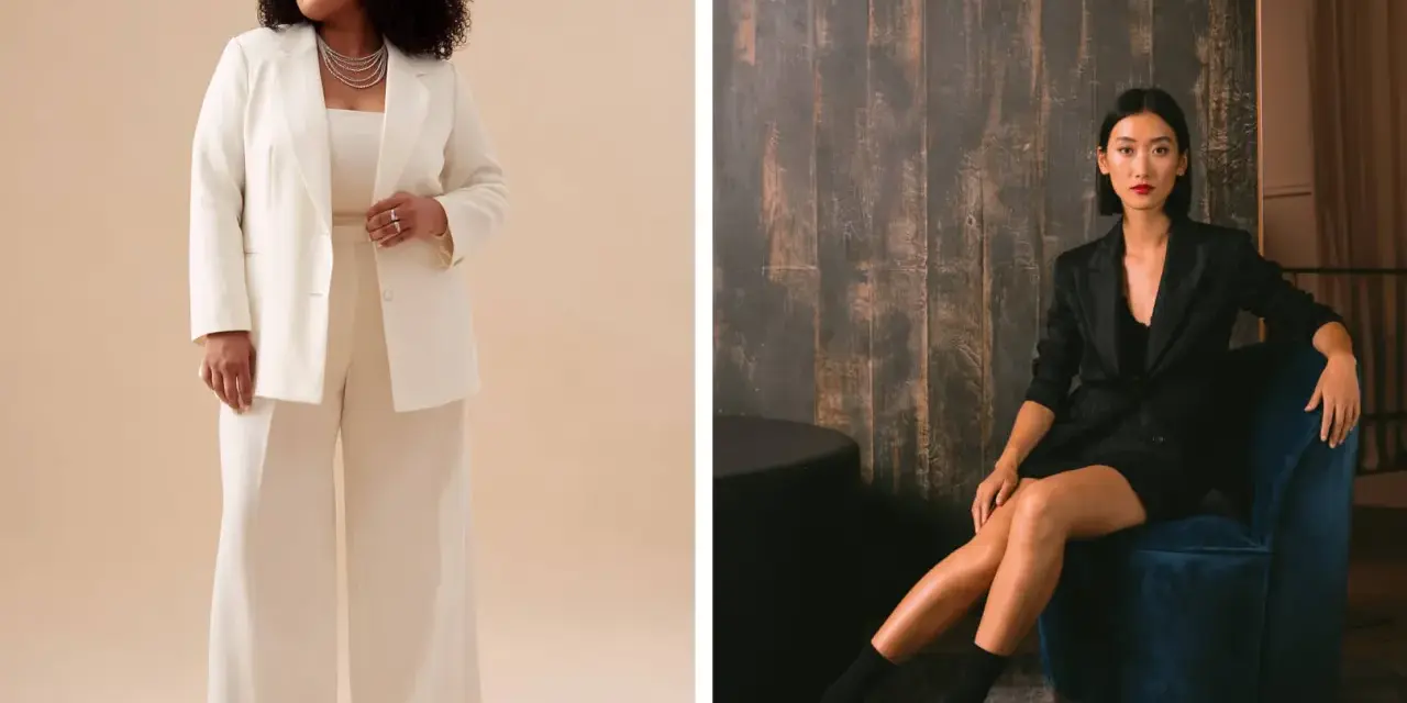 Mujer con traje blanco elegante y mujer con traje negro chic, ambos perfectos para un dress code gala.