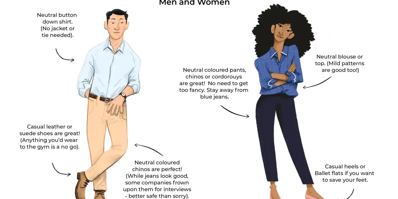 Un outfit para entrevista de trabajo: camisa neutra, pantalones chinos y zapatos casuales para hombres; blusa o top neutro, pantalones oscuros y zapatos planos para mujeres.