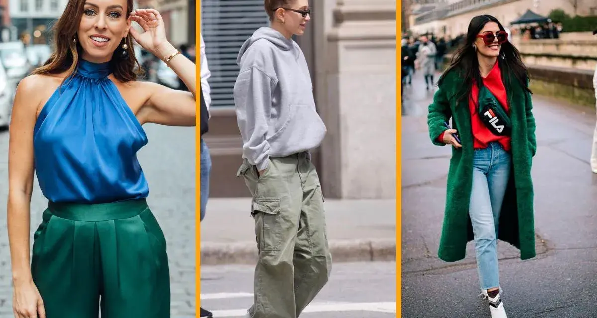 Tres mujeres lucen estilos urbanos. Una lleva un top azul y pantalones verdes, otra un conjunto gris y cargo, y la tercera un abrigo verde con rojo. Muestran cómo los colores que combinan con el verde son versátiles.