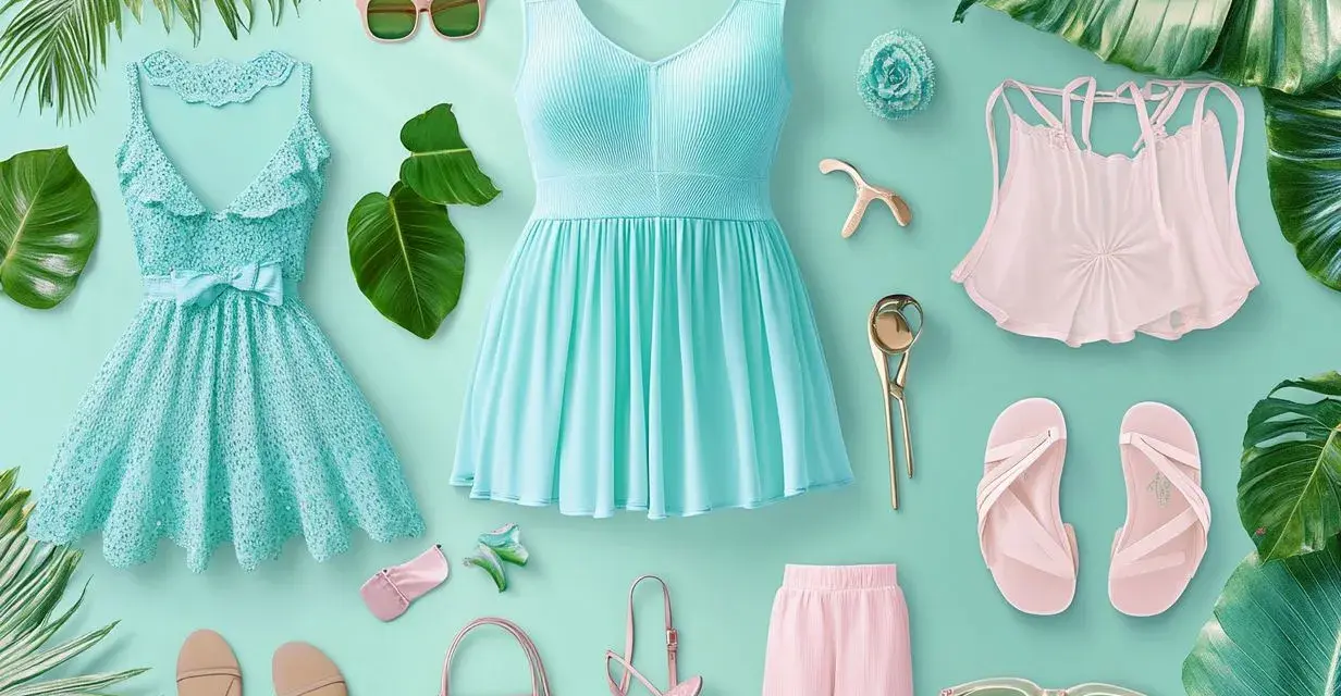 Vestidos turquesa, blusa rosa, sandalias y accesorios que evocan los colores de verano.