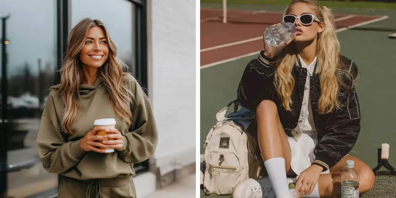 Mujer con conjunto deportivo color oliva y café. Otra mujer con estilo sporty en cancha de tenis, bebiendo agua.