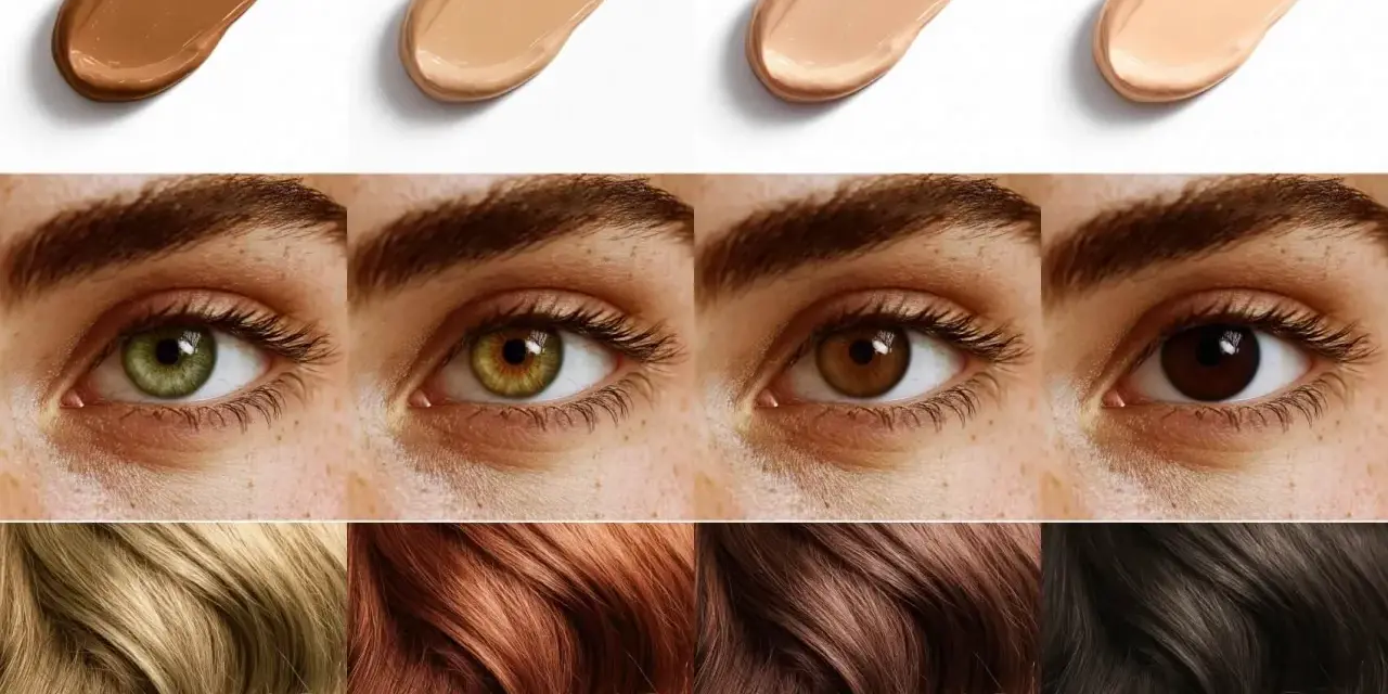 Muestras de bases de maquillaje, ojos y cabello en una paleta de colores cálidos de otoño.