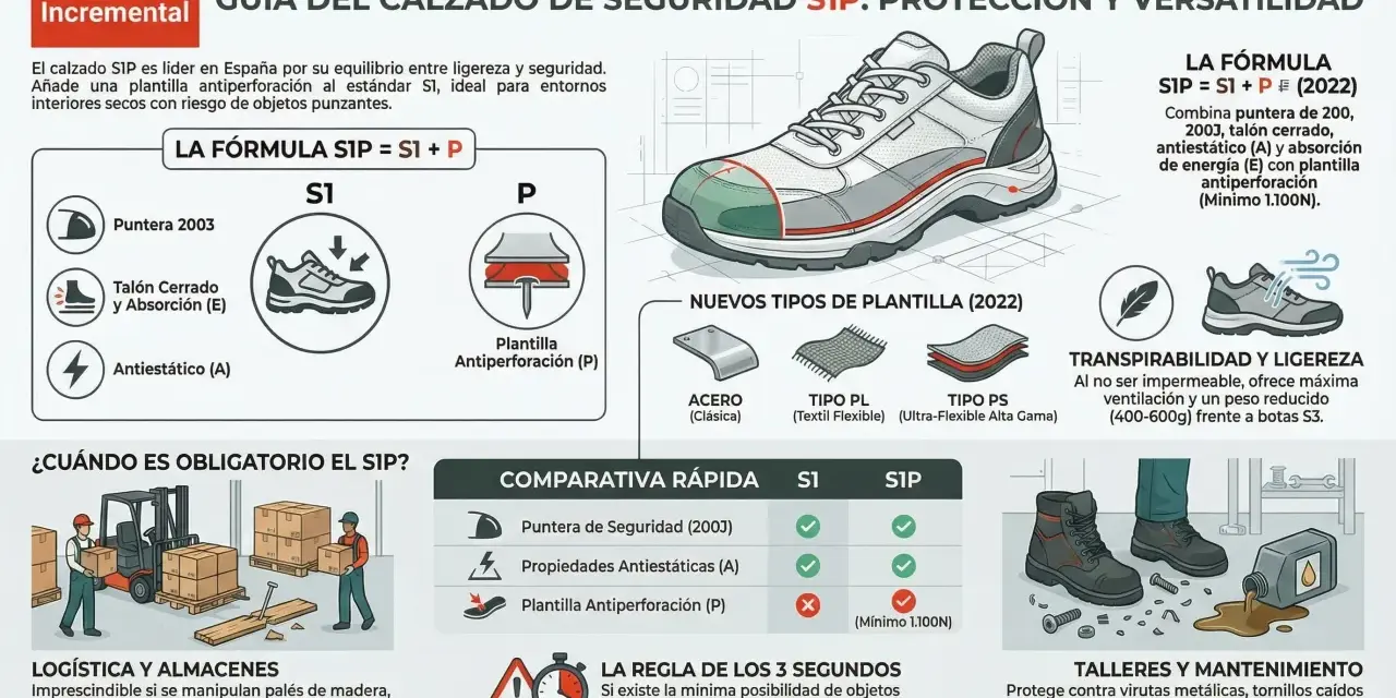 Guía del calzado SIP: S1 + P (plantilla antiperforación) para protección contra objetos punzantes.