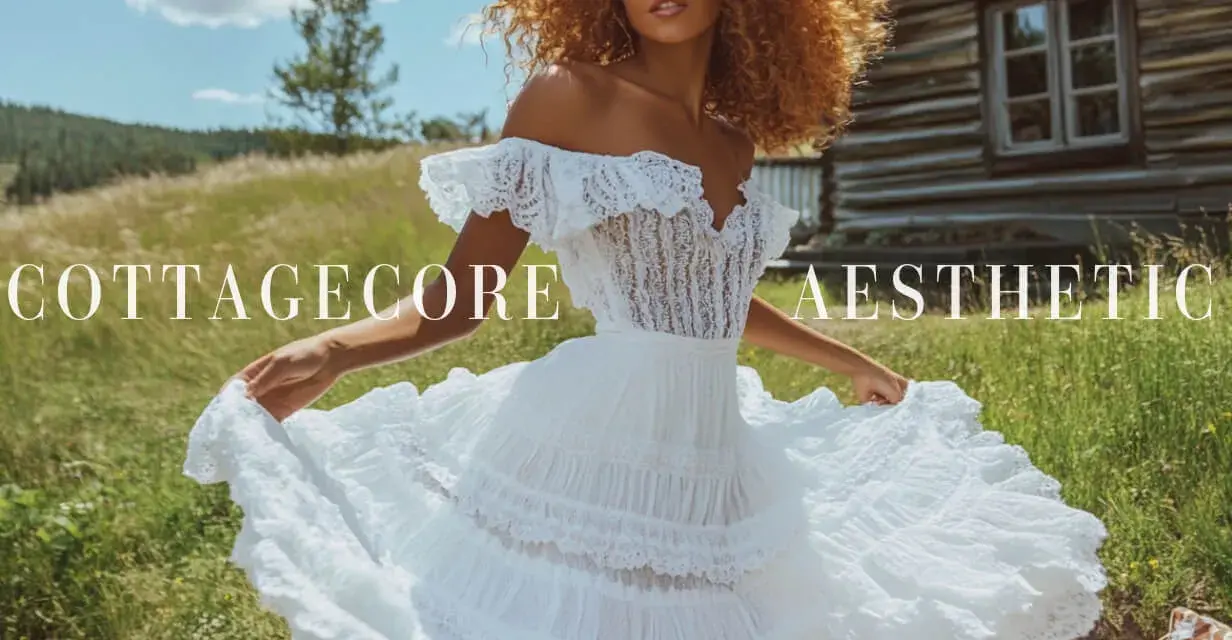 Mujer con vestido blanco voluminoso, cabello rizado, en un campo verde, con una cabaña de madera al fondo. Estilo cottagecore.