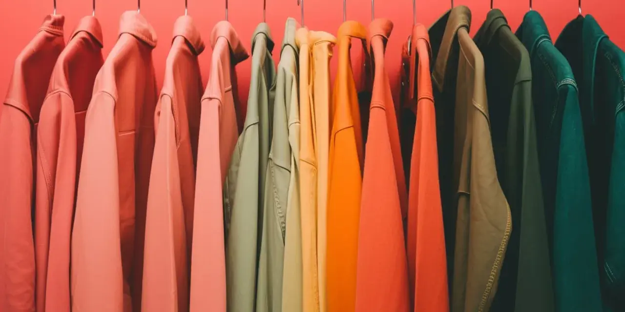 Percheros con ropa de tonos cálidos y fríos, un arcoíris de color verano listo para usar.