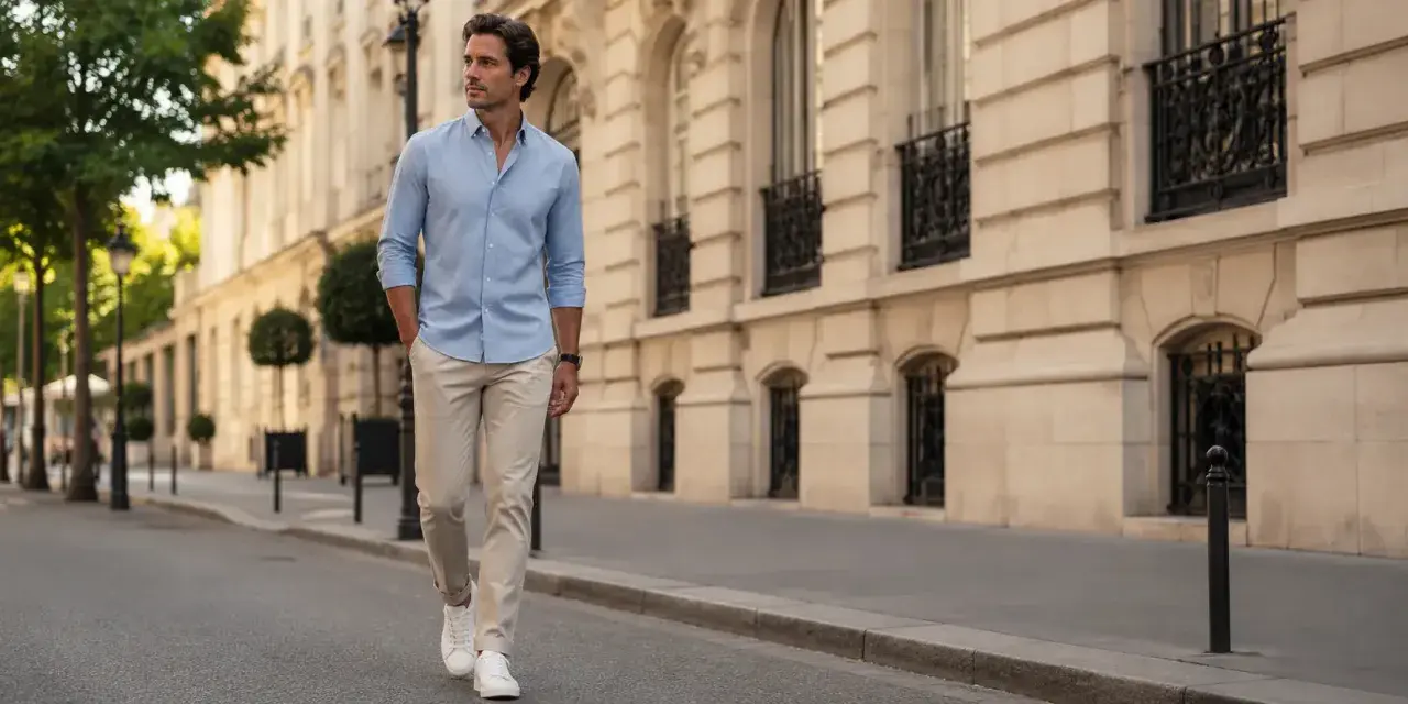 Hombre con camisa azul y pantalón beige camina por una calle parisina.