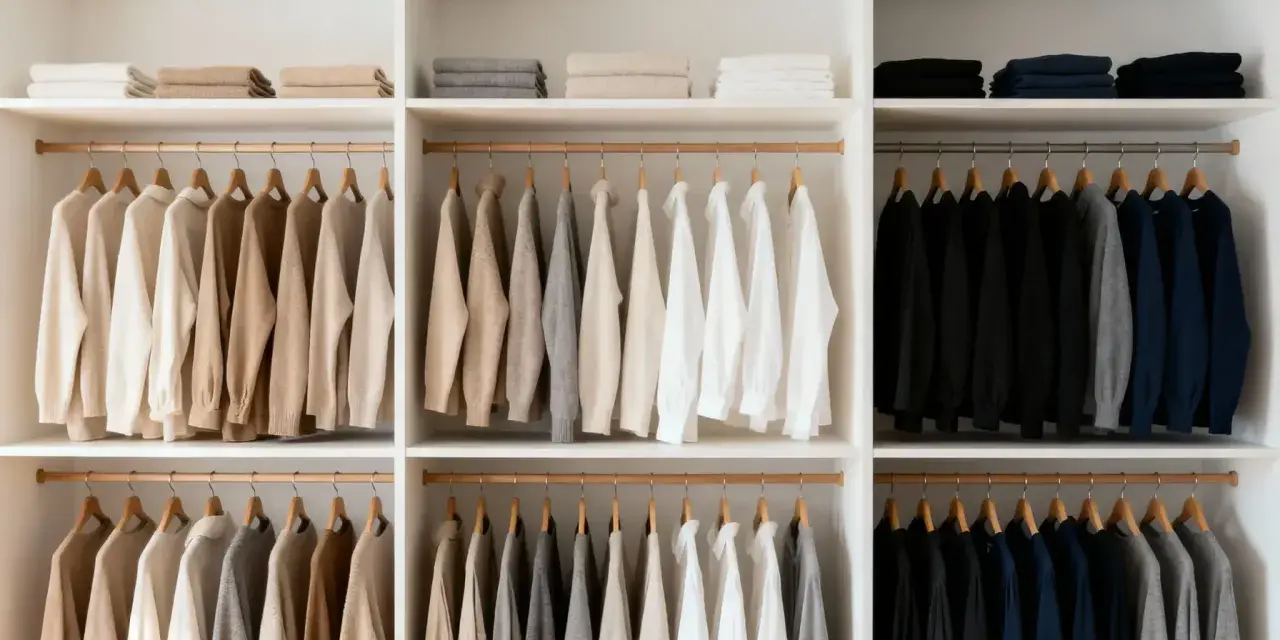 Armario organizado con ropa colgada y doblada en tonos neutros y oscuros. Una clara **estética minimalista** que inspira orden y calma.