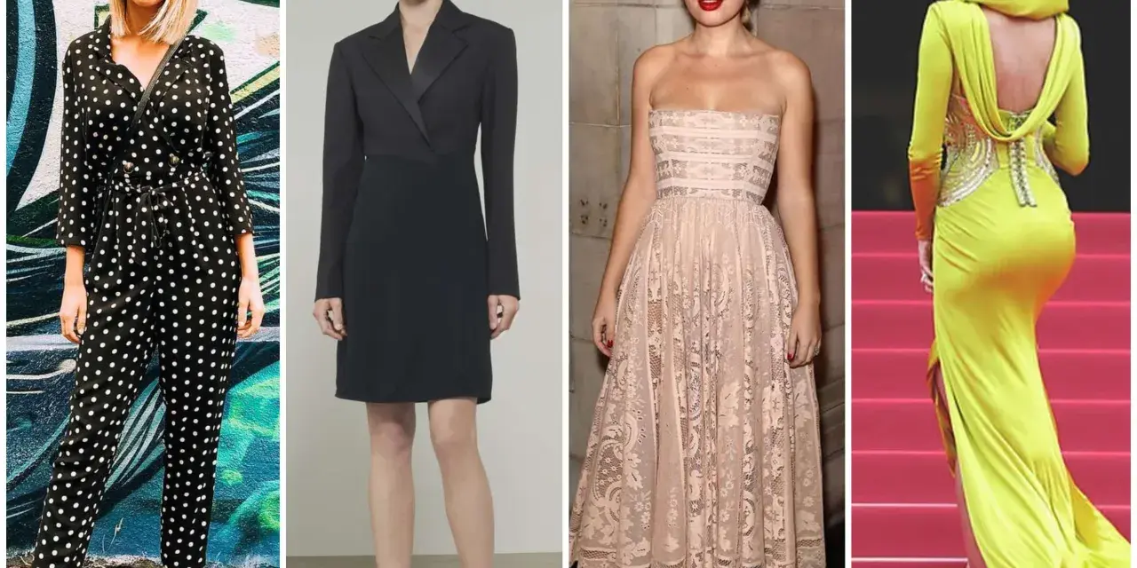 Cuatro mujeres muestran diferentes estilos de dress code mujer: jumpsuit de lunares, vestido negro tipo blazer, vestido de encaje rosa y vestido amarillo con escote en la espalda.