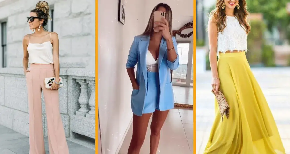Tres looks con colores primavera: pantalones palo rosa, traje azul cielo y falda amarilla vibrante.