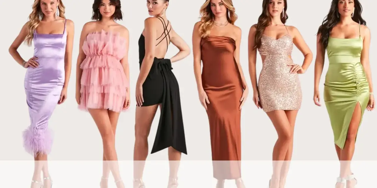 Seis mujeres lucen diferentes tipos de vestimenta: vestidos de satén, tul, lentejuelas y con detalles de plumas.