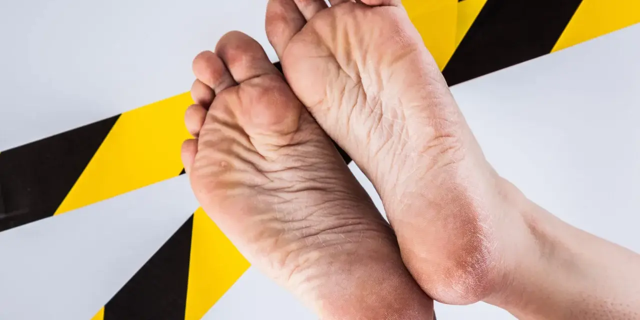 Pies agrietados y secos, señal de trabajar 8 horas de pie. Cinta de advertencia amarilla y negra rodea los pies.