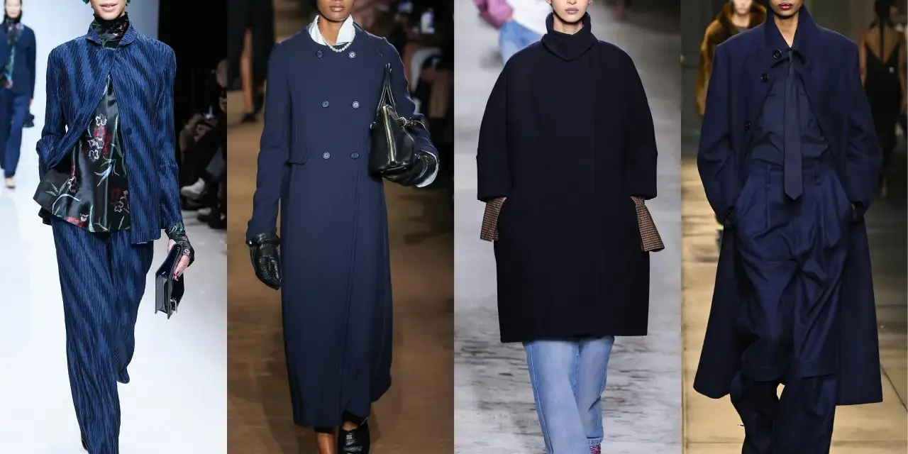 Modelos desfilan con elegantes trajes azul marino, mostrando cómo combinar traje azul marino mujer con estilo y sofisticación.