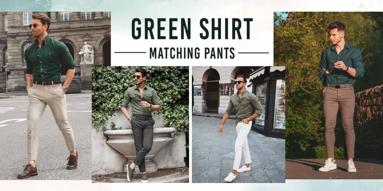 Estilos de moda masculina: camisa verde con pantalón verde, pantalón azul y pantalón beige.