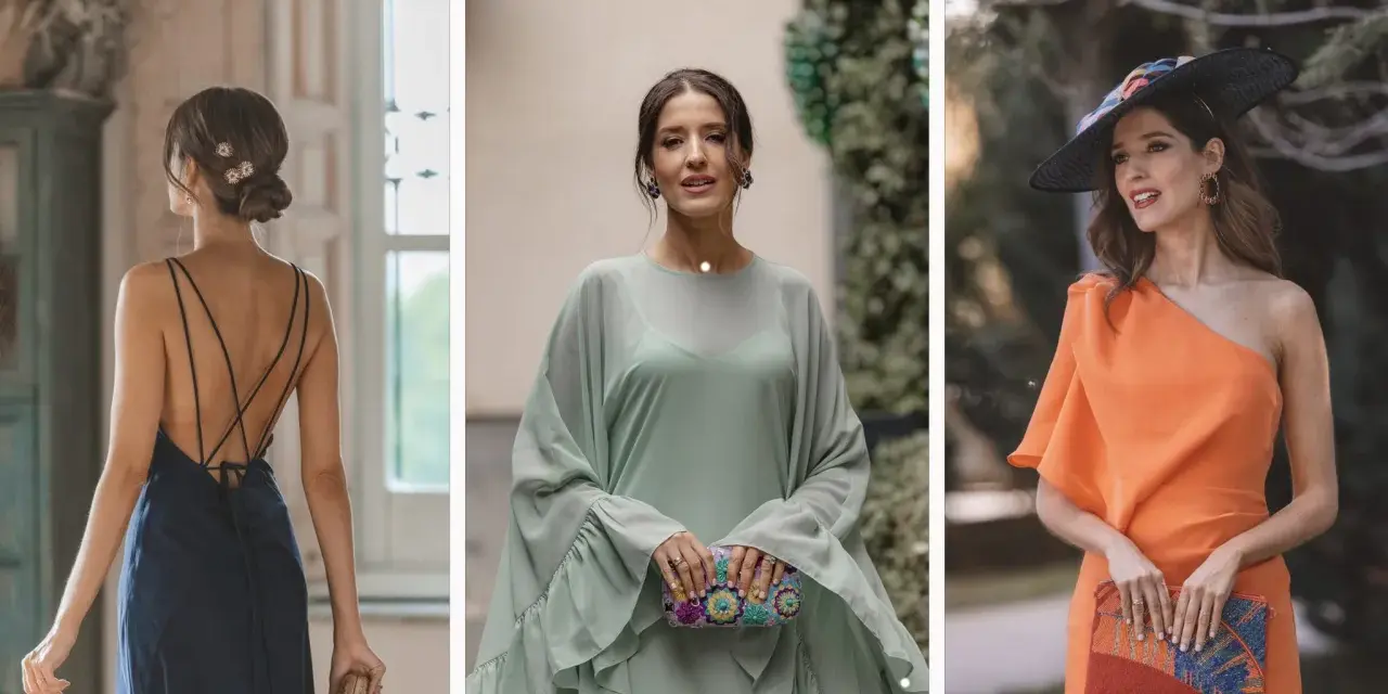 Tres mujeres con vestidos elegantes, perfectos para un código vestimenta boda. Azul, verde menta y naranja vibrante.