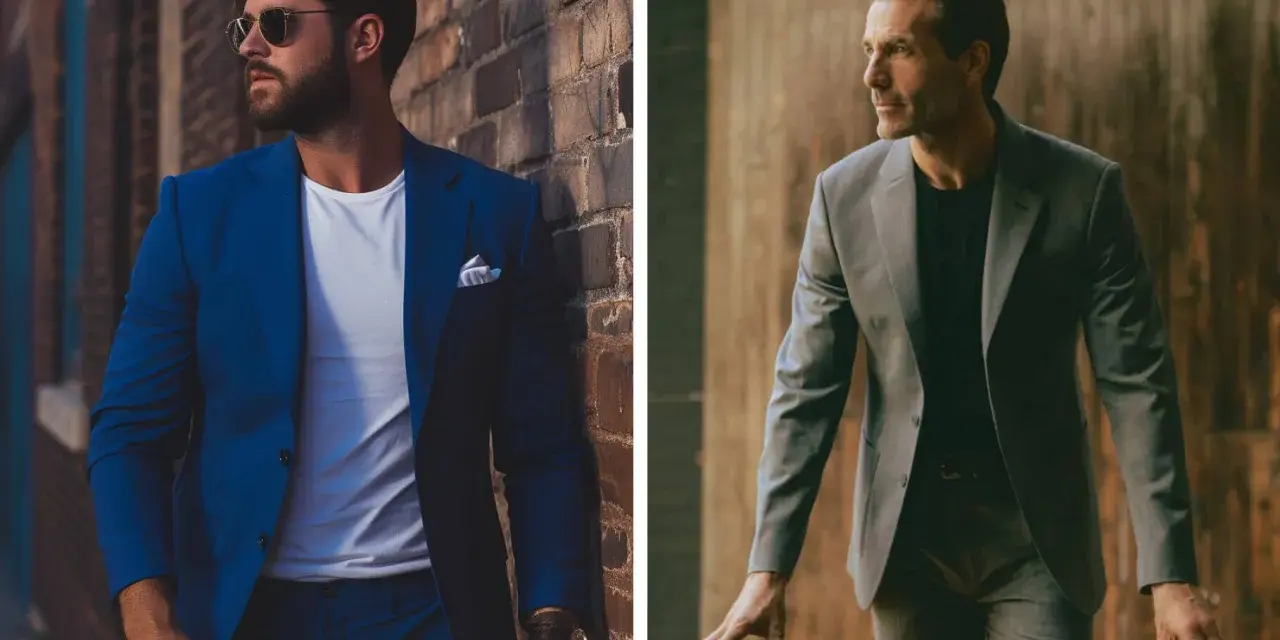 Dos hombres con estilo, uno con camisa y blazer azul, el otro con camisa y blazer gris.