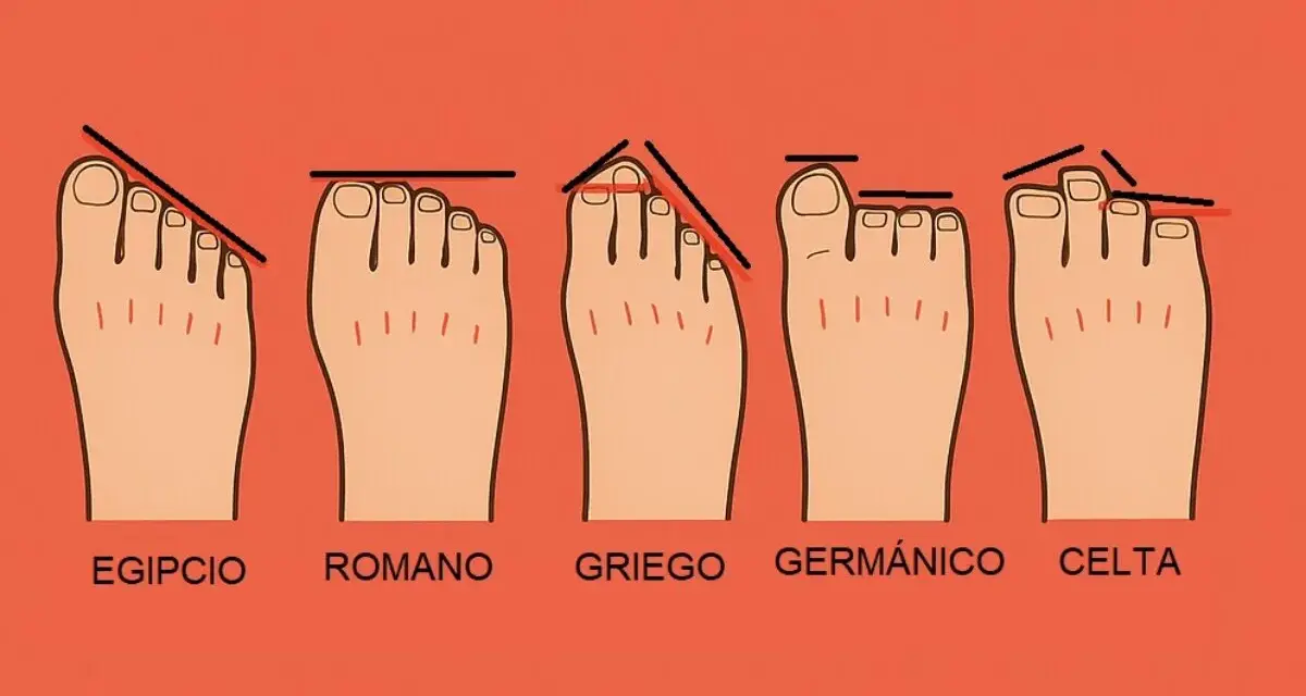 Cinco tipos de pies: egipcio, romano (dedos alineados), griego, germánico y celta. El pie romano es el que tiene el segundo dedo más corto que el pulgar.
