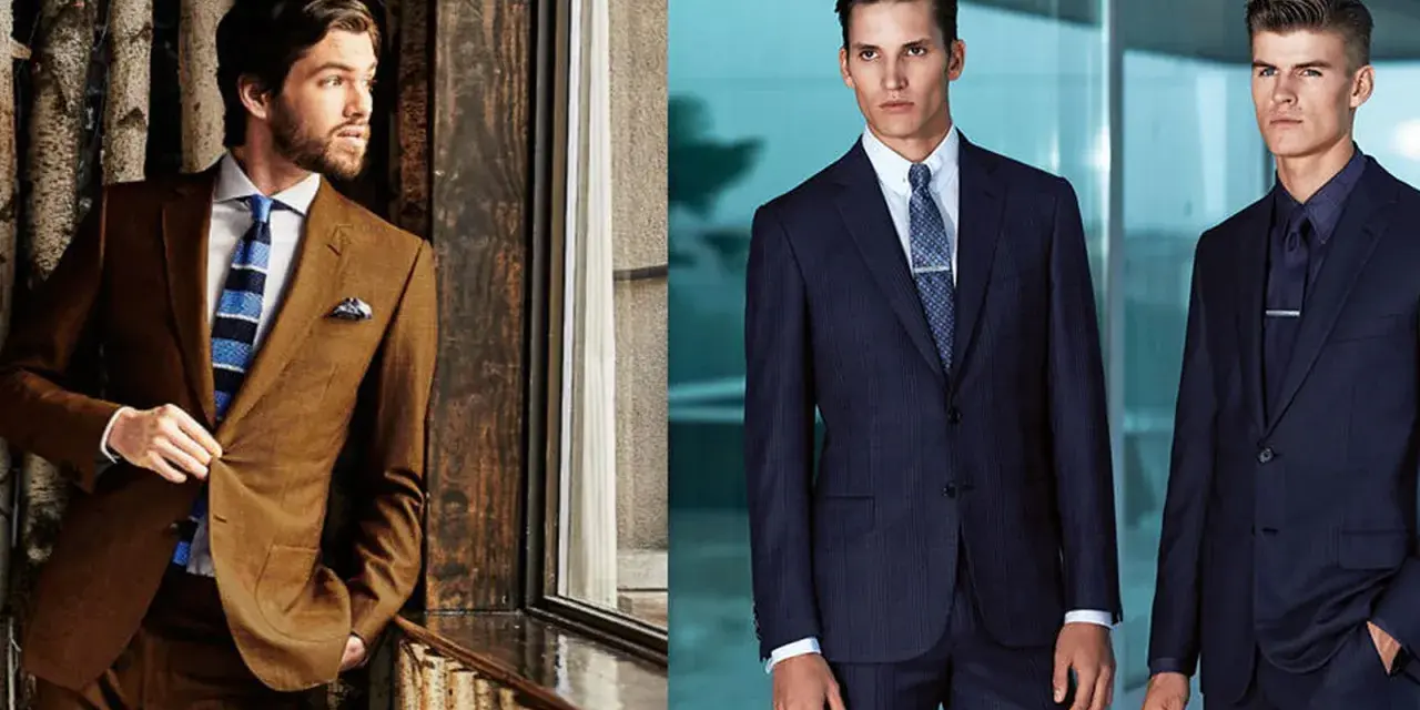 Hombres luciendo vestimenta formal: un traje marrón con corbata a rayas y otro con traje azul marino a rayas.