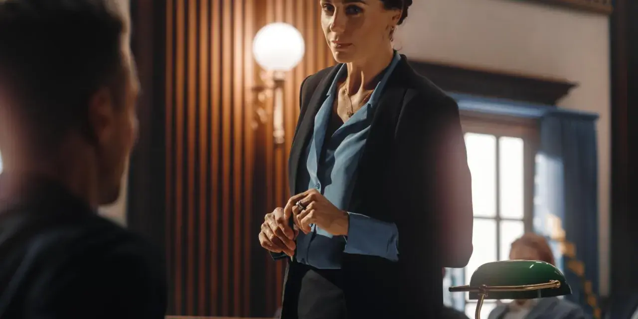 Abogada con traje negro y blusa azul, lista para un juicio. Un ejemplo de como ir vestida a un juicio mujer.